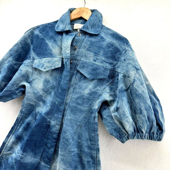 Divine Heritage Denim Tie Dye Dress Size XS Mini Fringe Hem Puff Sleeve Western - Picture 5 of 13